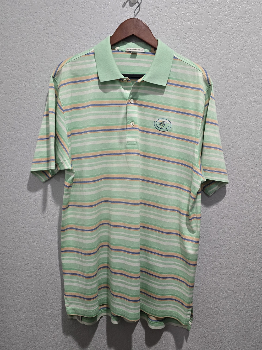 Peter Millar Polo Shirt Large Green Striped Golf Country Club Bird Logo Cotton